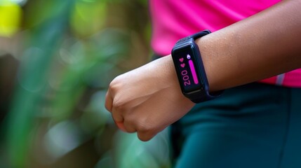A woman wearing a smart watch with a green wristband