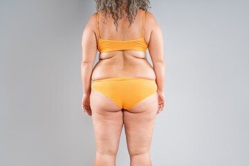 Overweight thigh, woman with fat hips and buttocks, obesity female body with cellulite on gray background - 771413959