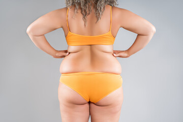 Overweight thigh, woman with fat hips and buttocks, obesity female body with cellulite on gray background - 771413966