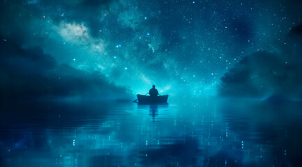 Solitary figure in a boat under a dreamy starry sky, tranquil night scene.	 - obrazy, fototapety, plakaty