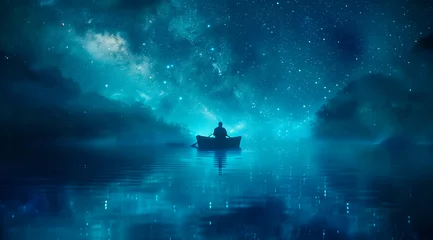 Foto op Plexiglas Solitary figure in a boat under a dreamy starry sky, tranquil night scene.  © henjon