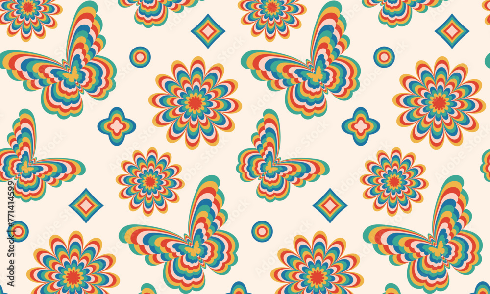 Poster abstract psychedelic tie dye seamless pattern. abstract naive retro hippie 60s 70s style background 