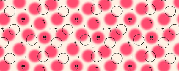 Seamless pattern with blurred hearts and y2k elements. Vector romantic background with soft shapes.