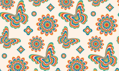 Abstract psychedelic tie dye seamless pattern.  Abstract naive retro hippie 60s 70s style background with butterflies, flowers, sparkles, seeds, circles , organic doodle shapes.