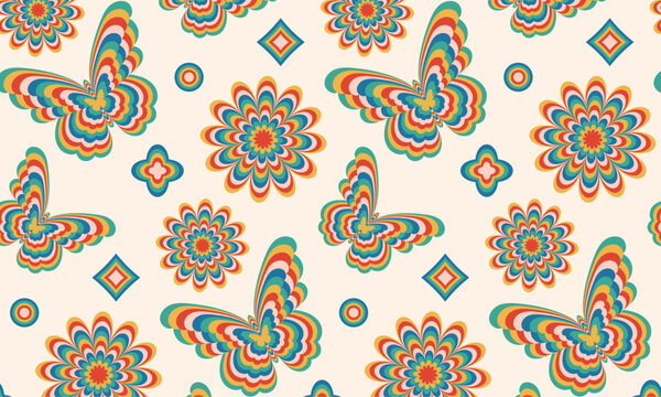 Abstract psychedelic tie dye seamless pattern.  Abstract naive retro hippie 60s 70s style background with butterflies, flowers, sparkles, seeds, circles , organic doodle shapes.