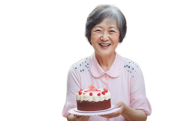 Middle aged Chinese woman on isolated chroma key background holding cake