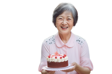 Middle aged Chinese woman on isolated chroma key background holding cake