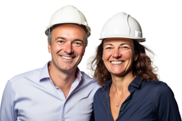 Middle aged couple on isolated chroma key background with worker cap