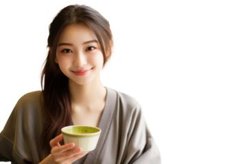 Teen pretty Japanese girl with matcha green tea on isolated chroma key background