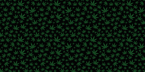 Seamless marijuana banner background. black cannabis leaf icon texture on green