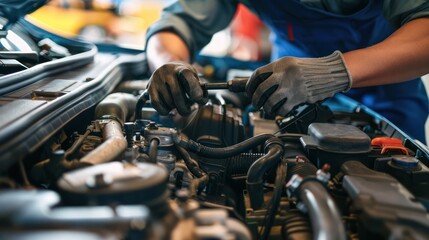 A mechanic repairing a car engine in an auto repair shop. 