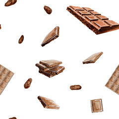 Seamless pattern with watercolor illustration of chocolate,cocoa ingredients.Chocolate pieces,hand drawn