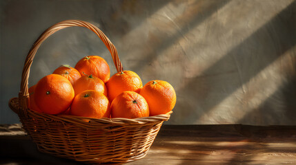 oranges fruit with leaves in basket in the park at morning  