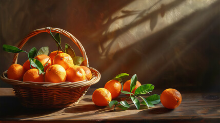 oranges fruit with leaves in basket in the park at morning  light