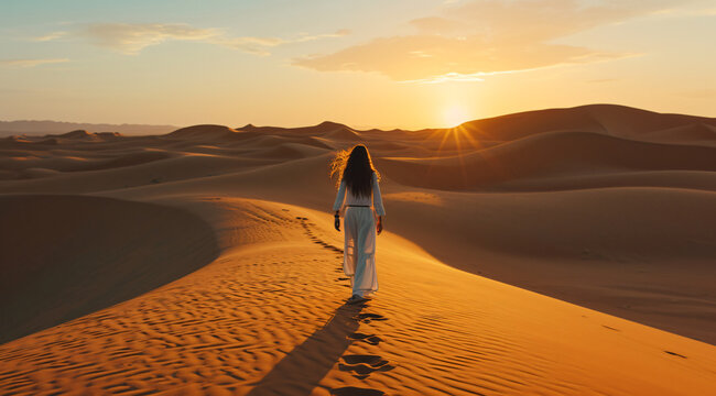 the woman walking through the desert at sunrise near mo 9e86ebe9-bc73-47de-a17f-b7d2f163ed9b