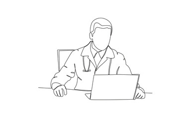 Fototapeta na wymiar Single continuous line drawing of Doctors serving patients virtually. Professional work job occupation. Minimalism concept one line draw graphic design vector illustration. 