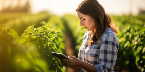 A female farmer inspects her tomato plants using a digital tablet. Generative AI.