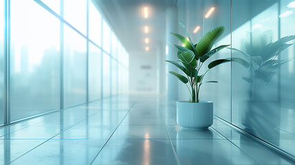 Modern office corridor with potted plant decor.