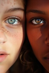 Vertical portrait of two multiracial friends. They press face to face. Generative AI.