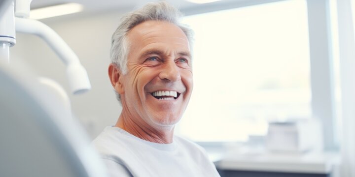 The snow-white smile of a middle-aged man in the dentist’s office. Generative AI.