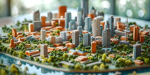  City Model Embellished with Detailed Map ,Intricate City Map Adorns Miniature Landscape ,Model City Enhanced by Map Representation