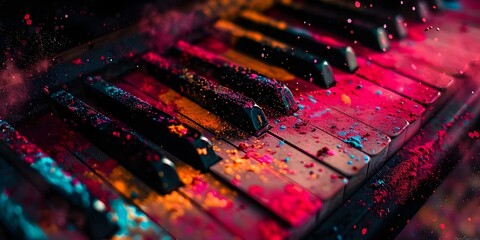 Closeup of a colorful piano keyboard covered in dust perfect for a World Music Day event banner....