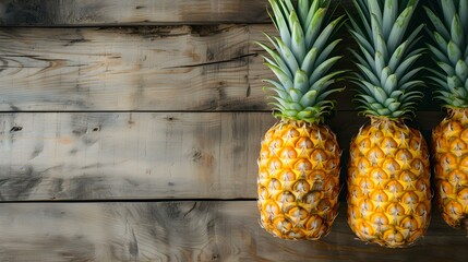 Close up of fresh Pineapples on a rustic wooden Table