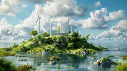 Illustration of a green island with wind turbines isolated. AI generated images