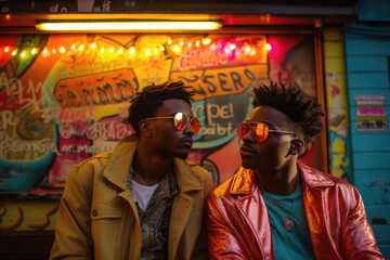 Obraz premium Two men are seated next to each other in front of a building. They appear to be engaged in a conversation or waiting for someone. The background shows the exterior of a building with a neon sign.