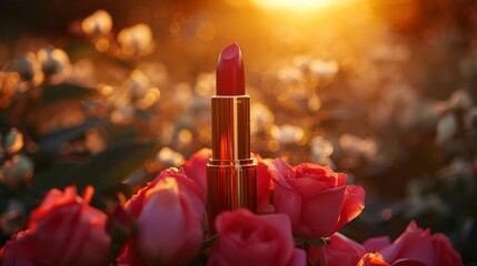 Lipstick among vibrant sunset roses.