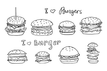 Set of burgers in doodle style with lettering in vector. Hamburger, cheeseburger, fast food ingredients. Great for menu design, banners, sites, packaging. Hand drawn