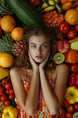 Young woman dressed in a dress lies among vegetables and fruits. Vegetarian food concept. Generative AI.