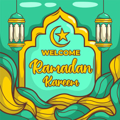 Ramadan Kareem with cartoon Islamic Illustration ornament


