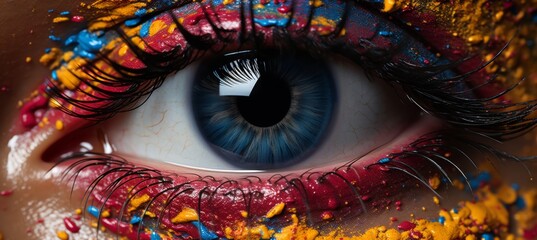 A close up of a human eye with vibrant paint and ink splashes adorning the surrounding area - obrazy, fototapety, plakaty