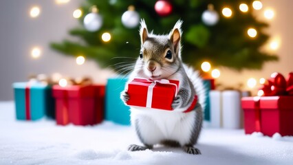 squirrel holding small red gift box in its paws on snowy ground, with blurred gift boxes and decorated Christmas tree in background. concepts: Christmas, New Year, winter holidays, greeting card