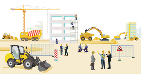 Handwerker auf der Baustelle mit Baufahrzeugen,  illustration
