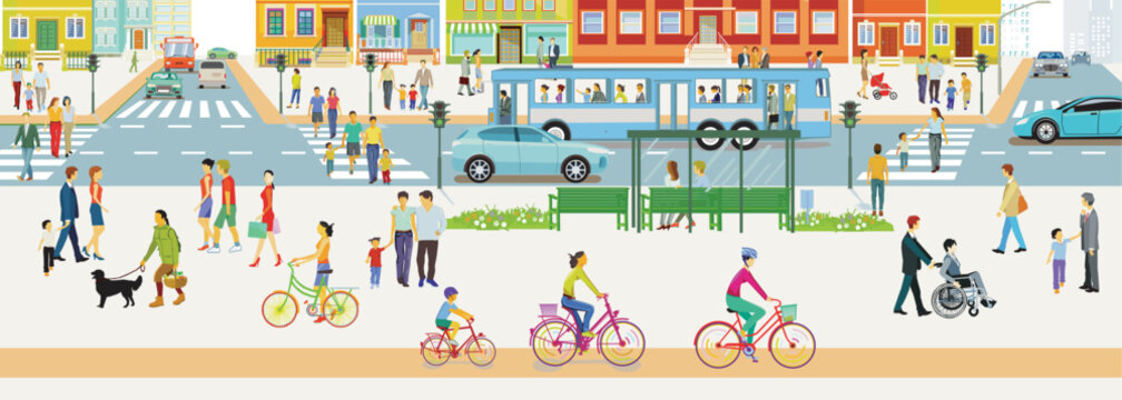Stadtsilhouette einer Stadt  mit Stadtbus und Fu&szlig;g&auml;nger im Ort, Illustration