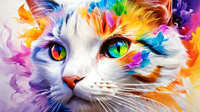 A wide-format image of a cat with lots of colors.