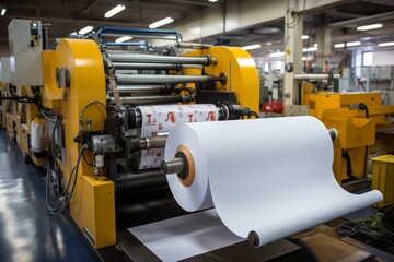 Paper production machine. Powerful modern equipment for the production of coated paper. Paper industry - obrazy, fototapety, plakaty