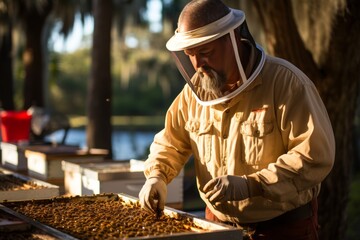 a beekeeper inspecting a hive in the soft sunlight, capturing the peaceful atmosphere and the intricate process of beekeeping