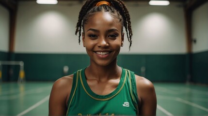 Young beautiful female black african athlete on green jersey uniform portrait image on basketball court gym background smiling looking at camera from Generative AI - obrazy, fototapety, plakaty