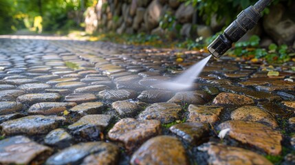 Naklejka premium Power washing garden cobble stone paths, close up