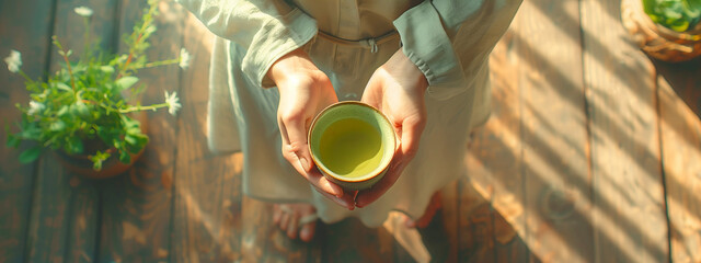 Offering a cup of green tea with copy space - obrazy, fototapety, plakaty