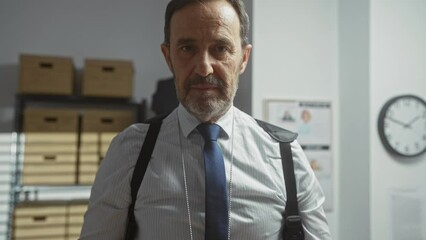 Middle-aged detective showcasing badge in a police department office with blurred background.