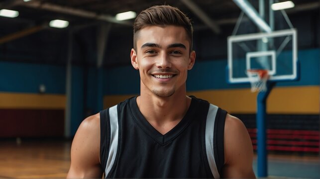 Young handsome athlete on black jersey uniform portrait image on basketball court gym background smiling looking at camera from Generative AI