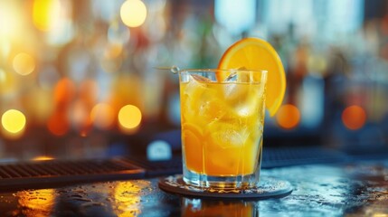 Old fashioned drink with orange slices on blur background