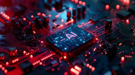Fototapeta na wymiar AI-powered electronic circuit board with red lights