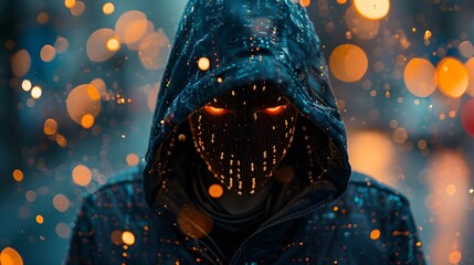 closeup of a person with blinking eyes and wearing a hoody on a cyber background concept of the cyber attacker or hacker - obrazy, fototapety, plakaty
