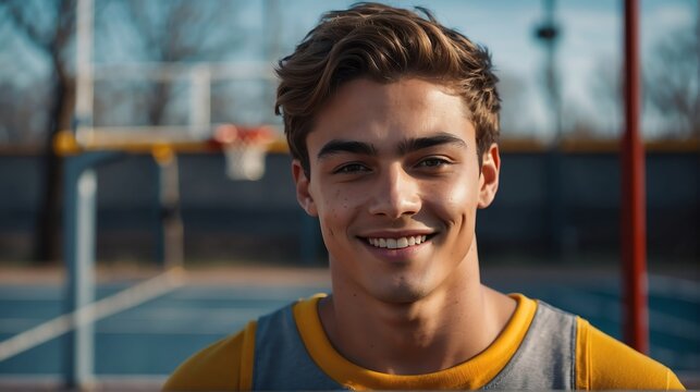 Young handsome male athlete on gray jersey uniform portrait image on basketball court gym background smiling looking at camera from Generative AI