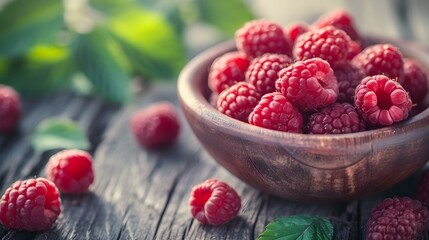 Close up of fresh Raspberries on a rustic wooden Table